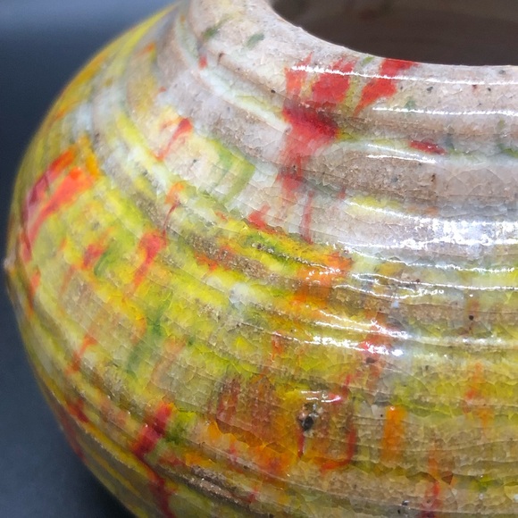 Studio Pottery Small Round Vase Splatter Paint Design Yellow And Red - Picture 5 of 8